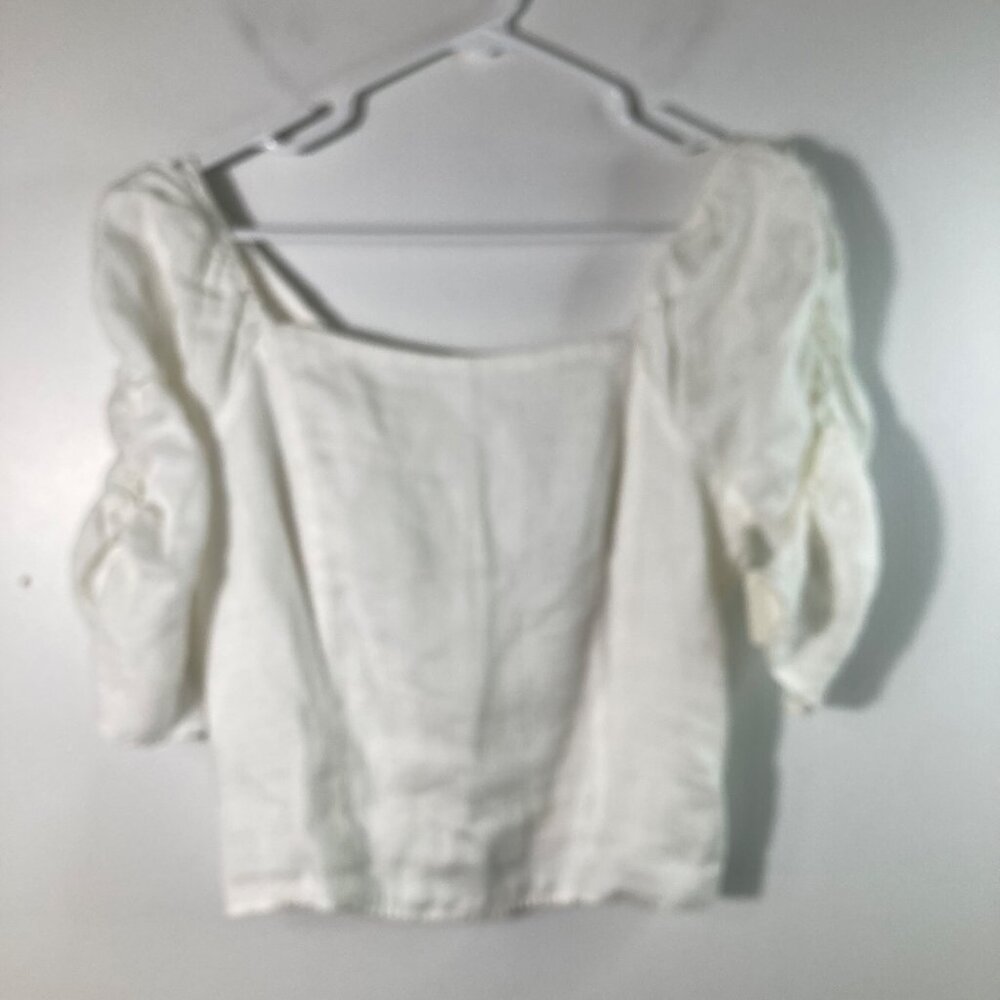 Womens Rachel Zoe Linen Smocked Off Shoulder Ruched Sleeve‎ Crop Top White L NWT